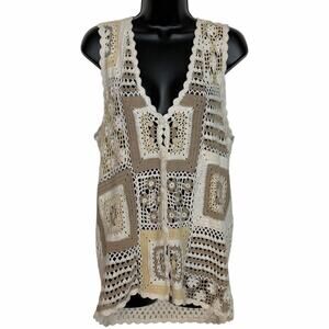 VTG 90s De Rotchild Crochet Vest S Silk Cotton Granny Square Boho Cottagecore